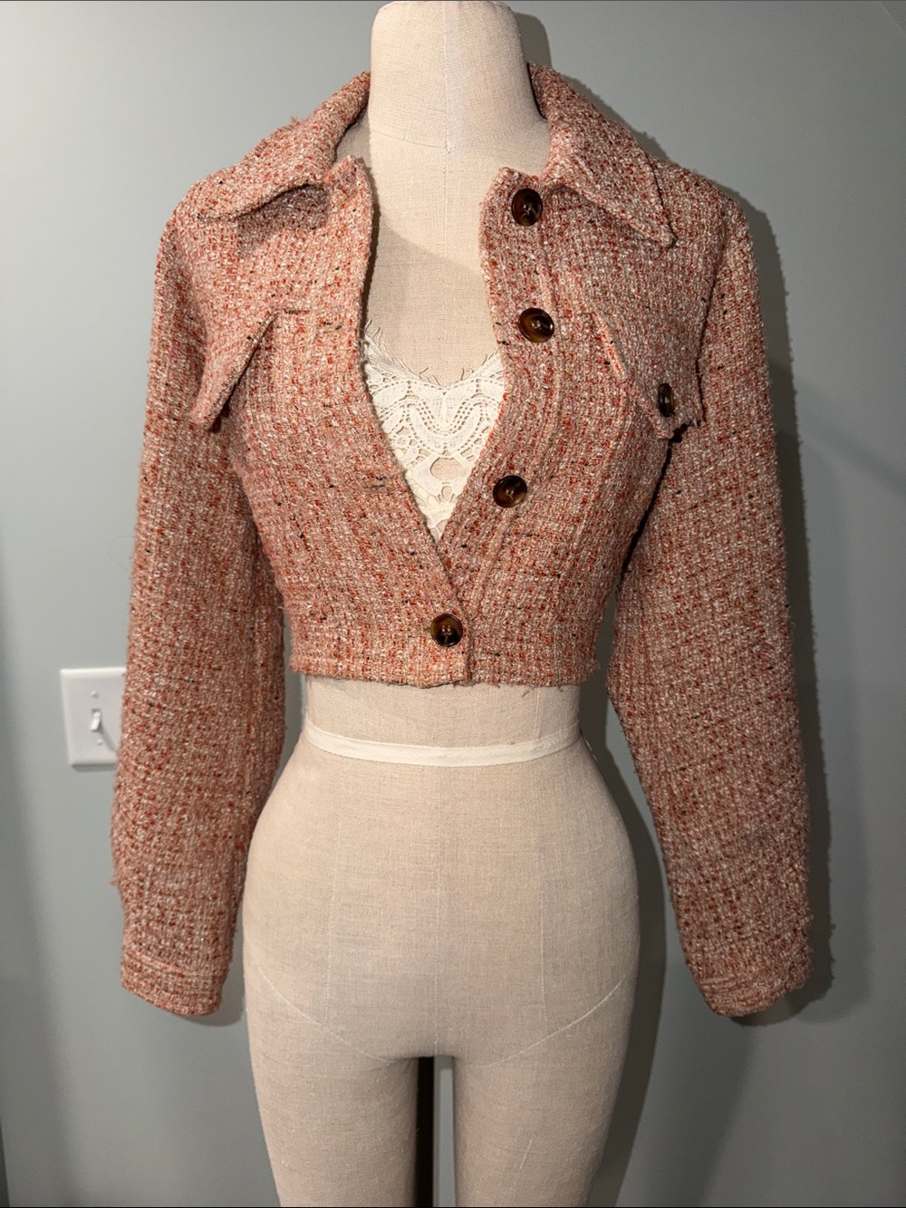 Elodie Cropped Bouclé Jacket in Peach-Salmon